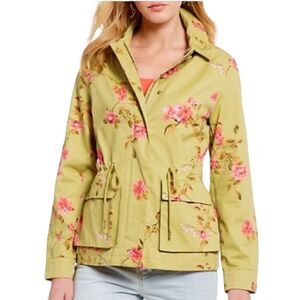 “a loves a” floral cinched waist military style jacket size XS green pink